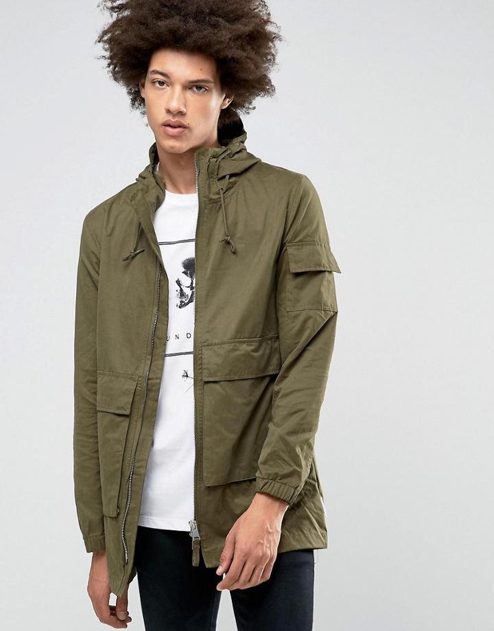 Bellfield Two Way Zip Parka With Drawstring Hood - Green