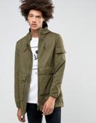 Bellfield Two Way Zip Parka With Drawstring Hood - Green