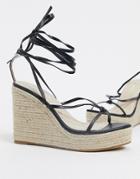Glamorous Espadrille Wedge Sandal With Ankle Tie In Black