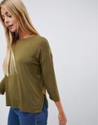 Asos Design Top With 3/4 Sleeves In Drapey Fabric In Khaki - Green