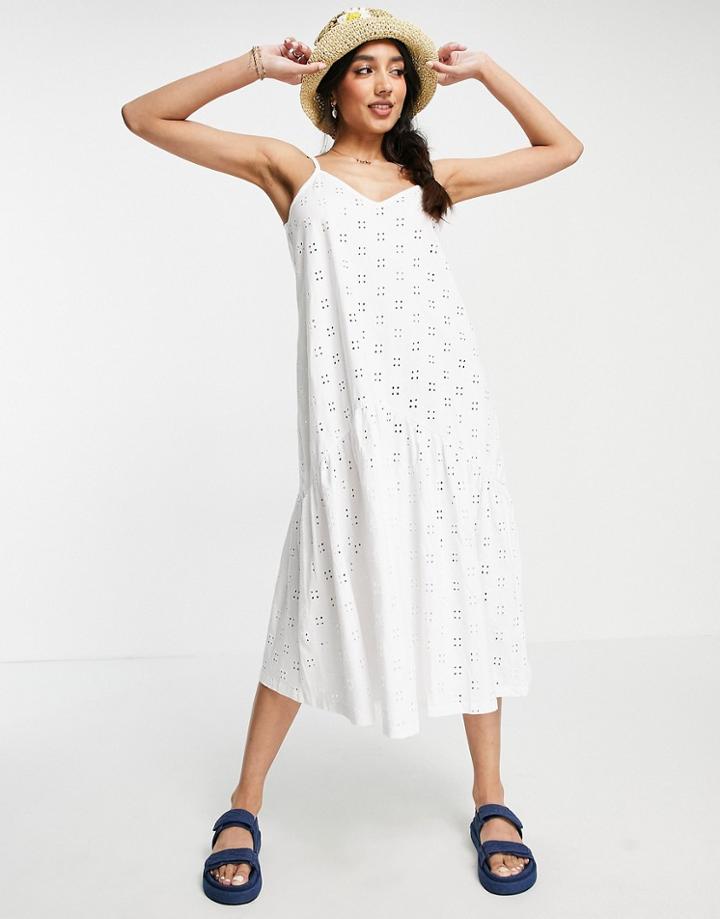 Asos Design Eyelet Strappy Midi Dress With Drop Waist In White