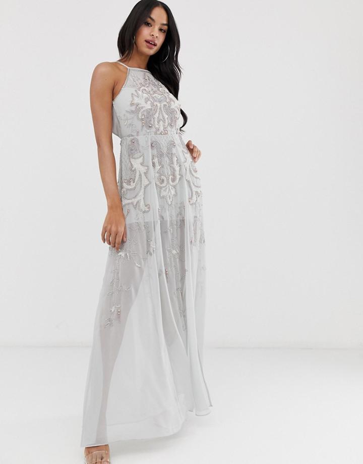 Asos Design Embellished Artworked Maxi Dress - Gray