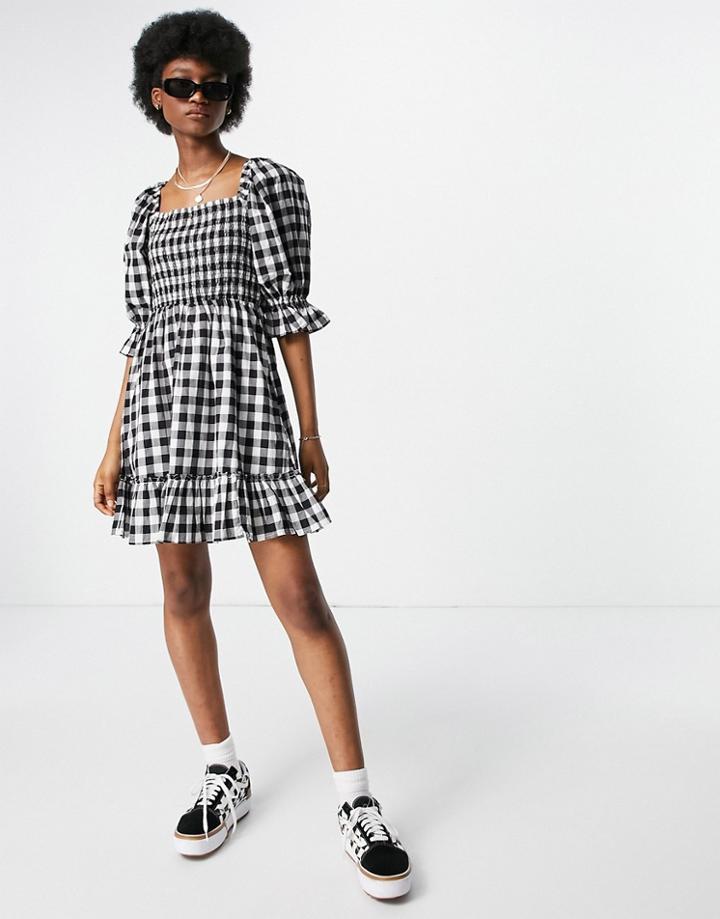 New Look Tie Back Shirred Smock Dress In Black Gingham