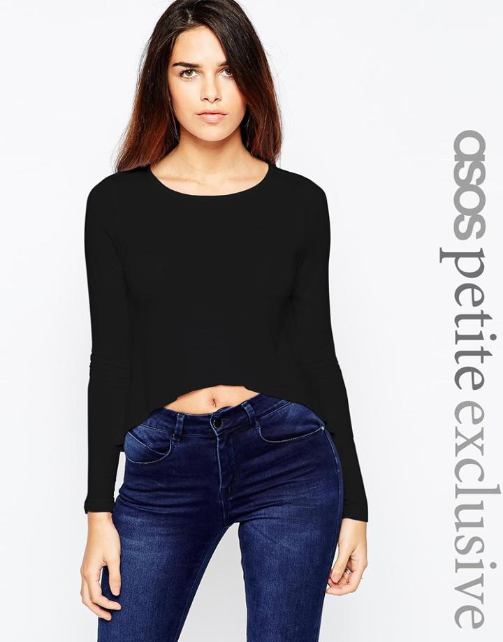 Asos Petite Long Sleeve Split Back Top - Black