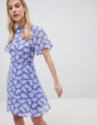 Oasis Tea Dress With High Neck In Blue Floral Print - Multi