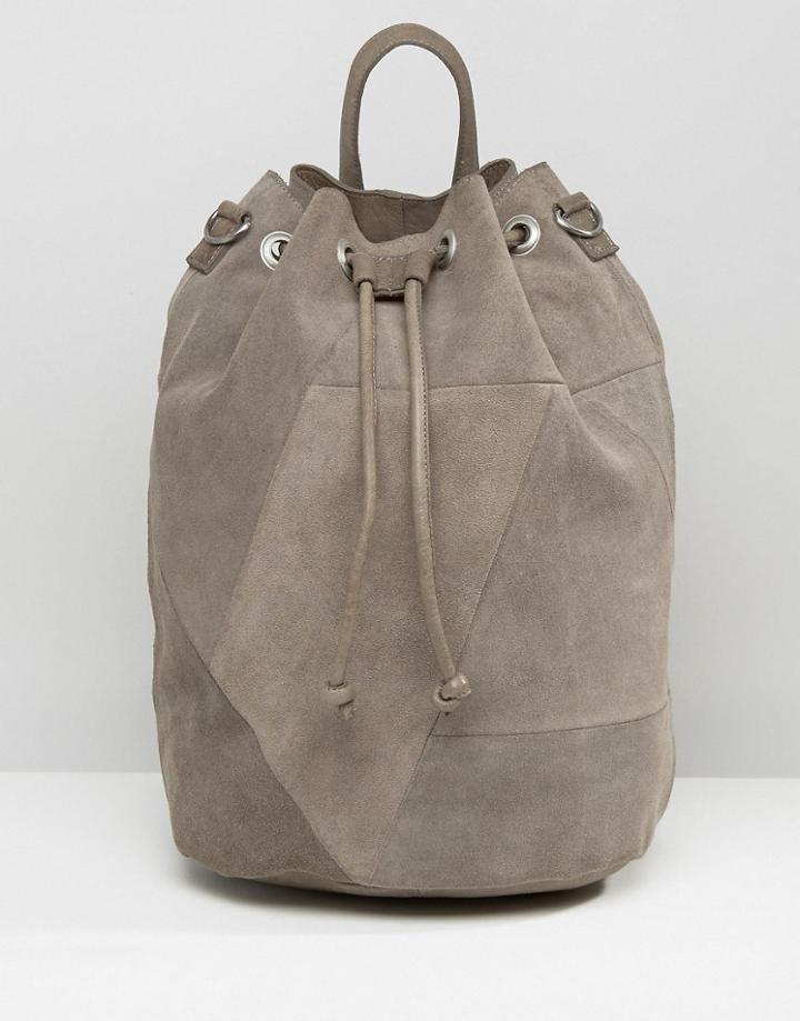 Pieces Drawstring Suede Backpack - Gray