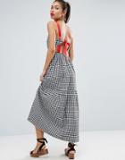 Asos Tiered Gingham Maxi Dress With Contrast Tie Back - Multi