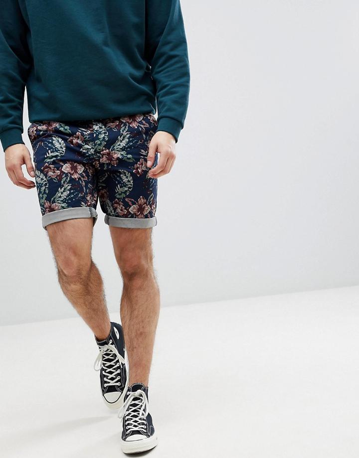 Jack & Jones Chino Shorts In Floral Print - Navy