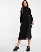 Asos Design Long Sleeve Ribbed Midi Dress With Satin Insert In Black