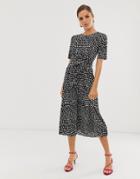 Asos Design Midi Tie Waist Plisse Dress In Mono Spot-multi