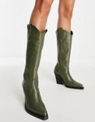 Asos Design Camouflage Premium Leather Western Knee Boots In Olive Green