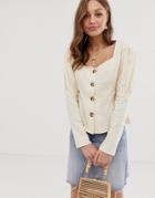 Asos Design Long Sleeve Sweetheart Neck Top In Linen Mix With Contrast Buttons-pink