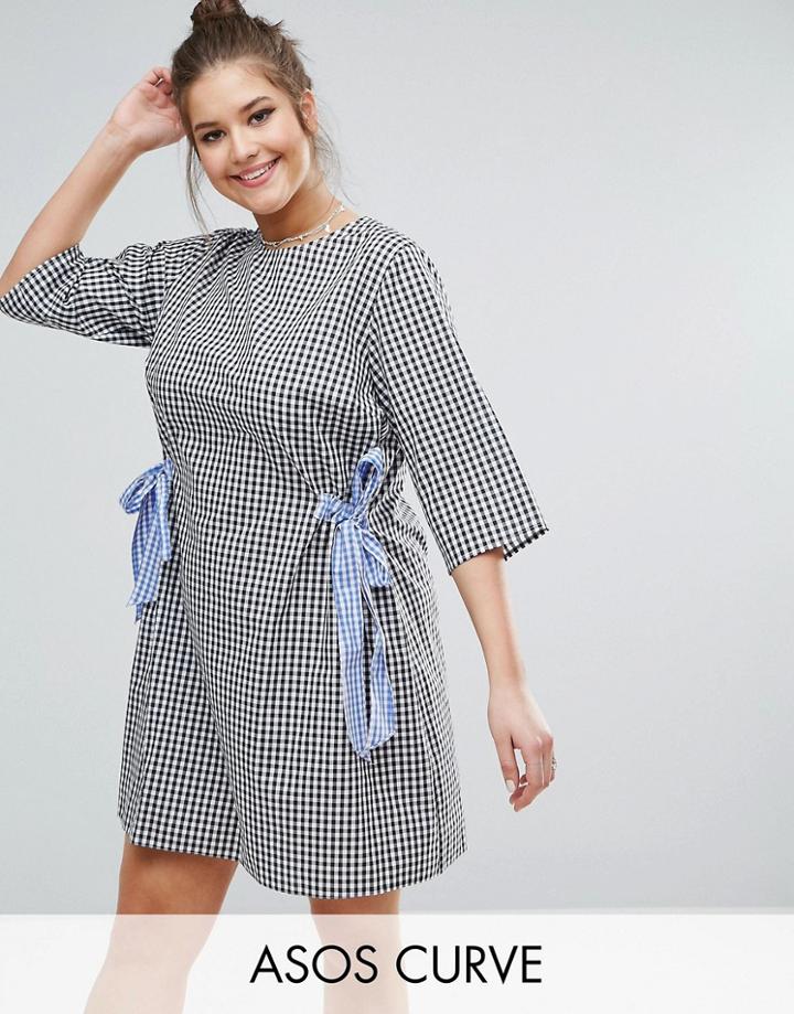 Asos Curve Gingham Shift Dress With Bow Details - Multi