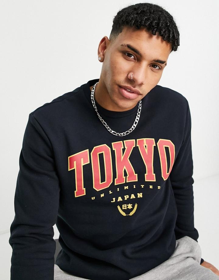 Only & Sons Crew Neck Sweatshirt With Tokyo Chest Print In Navy