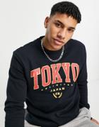 Only & Sons Crew Neck Sweatshirt With Tokyo Chest Print In Navy