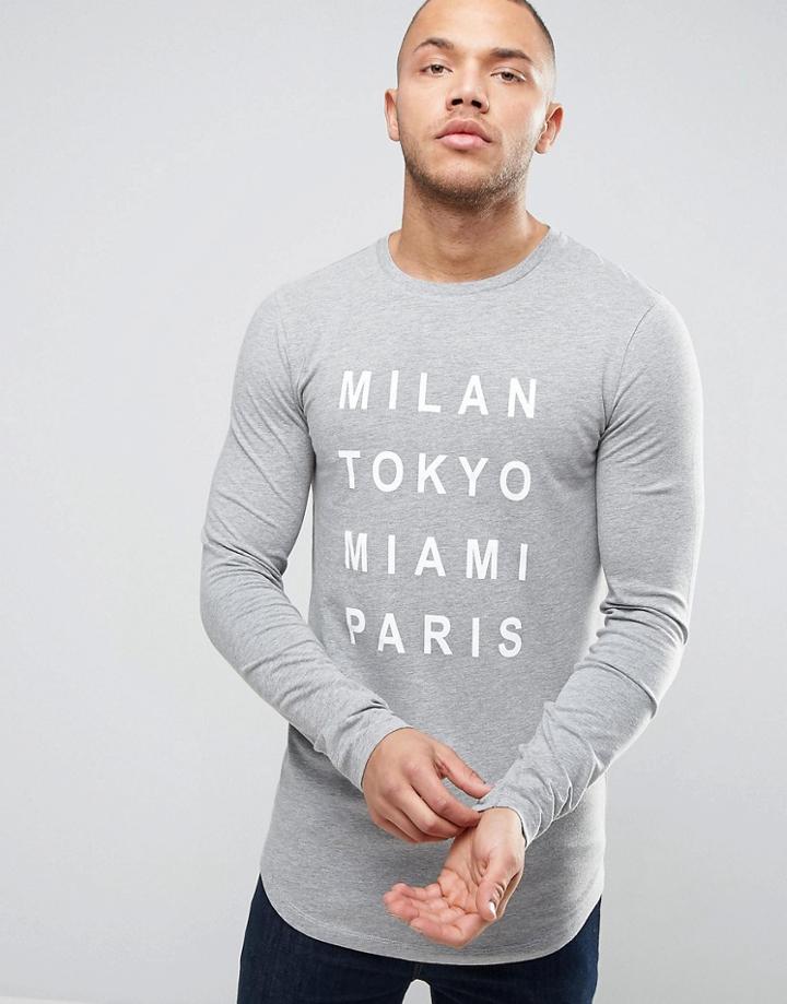 Asos Longline Muscle Long Sleeve T-shirt With City Print And Curved Hem - Gray