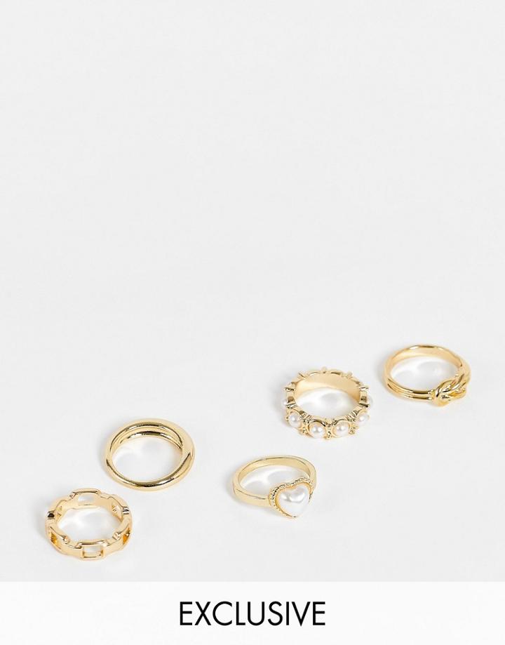 Reclaimed Vintage Inspired Mixed Ring Pack In Gold And Faux Pearl