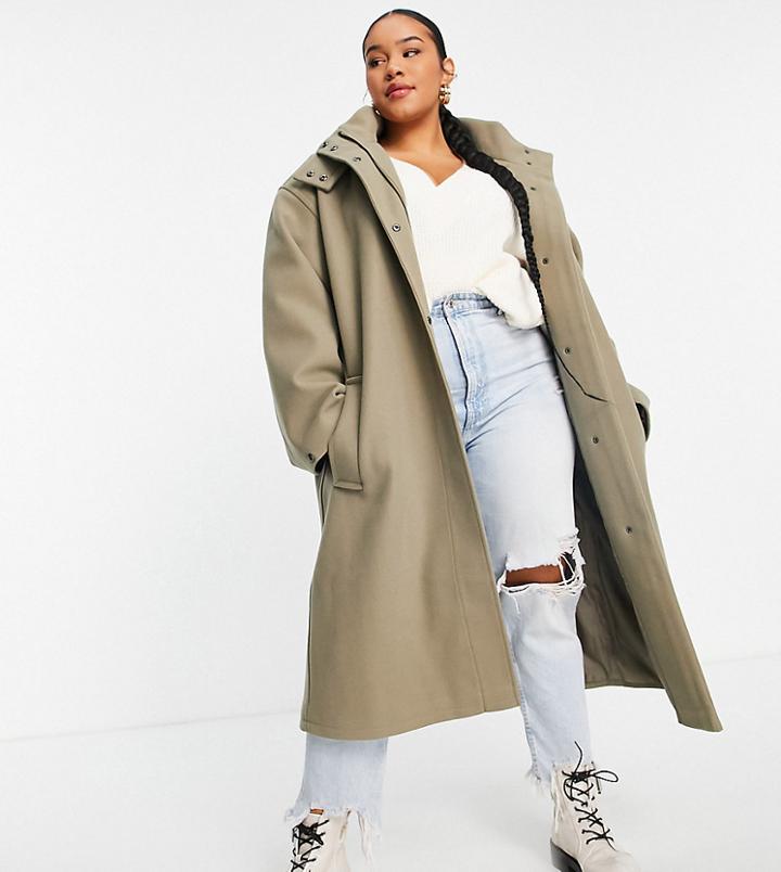 Asos Design Curve Oversized Parka Coat In Light Khaki-neutral