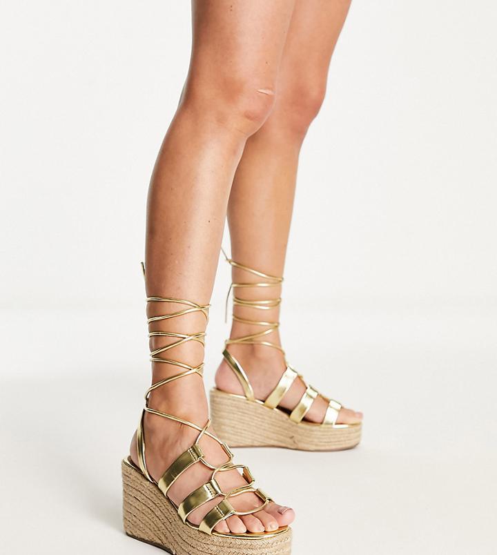 Asos Design Wide Fit Wonder Flatform Sandals In Gold