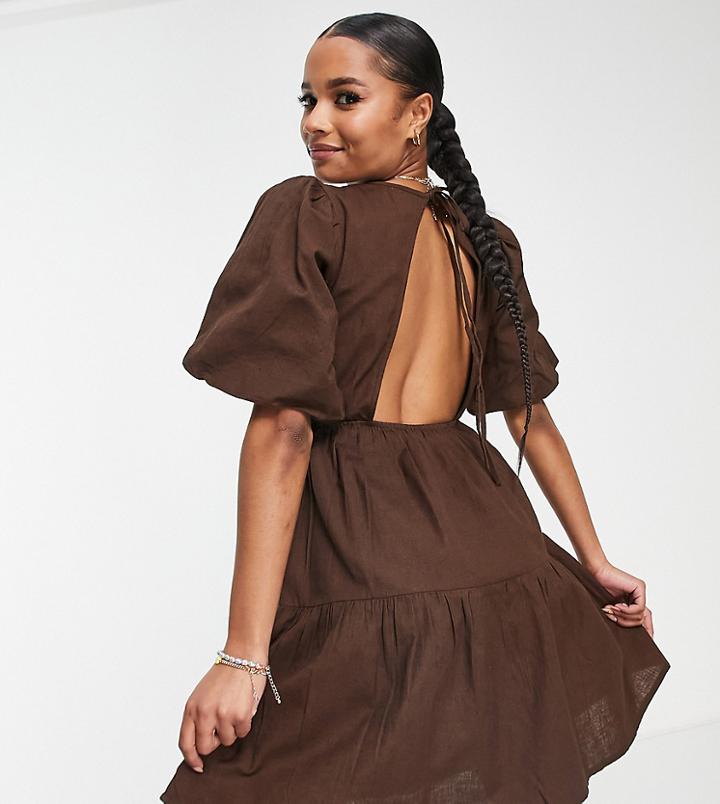 Violet Romance Petite Puff Sleeve Tiered Mini Dress In Chocolate Brown