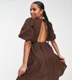 Violet Romance Petite Puff Sleeve Tiered Mini Dress In Chocolate Brown