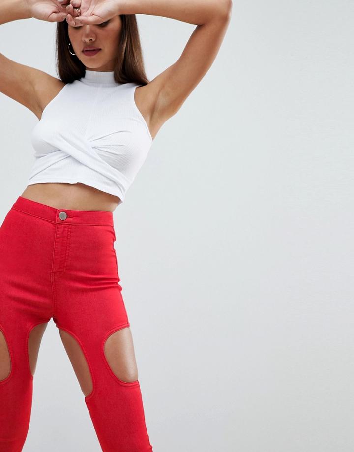 Asos Design Rivington Festival High Waist Denim Jeggings With Suspender Detail In Red