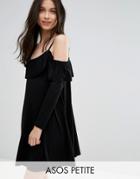 Asos Petite Swing Dress With Frill Cut Out Shoulder Detail - Black