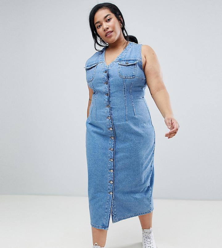 Asos Design Curve Denim Button Through Sleeveless Midi Dress - Blue