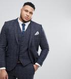 Heart & Dagger Plus Slim Suit Jacket In Harris Tweed In Check - Navy