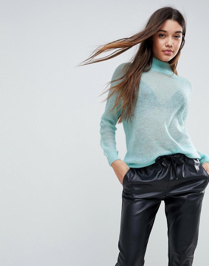 Asos Sweater In Sheer Knit With Funnel Neck - Blue