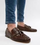 Asos Design Wide Fit Loafers In Woven Tan Leather With Tassel Detail - Brown