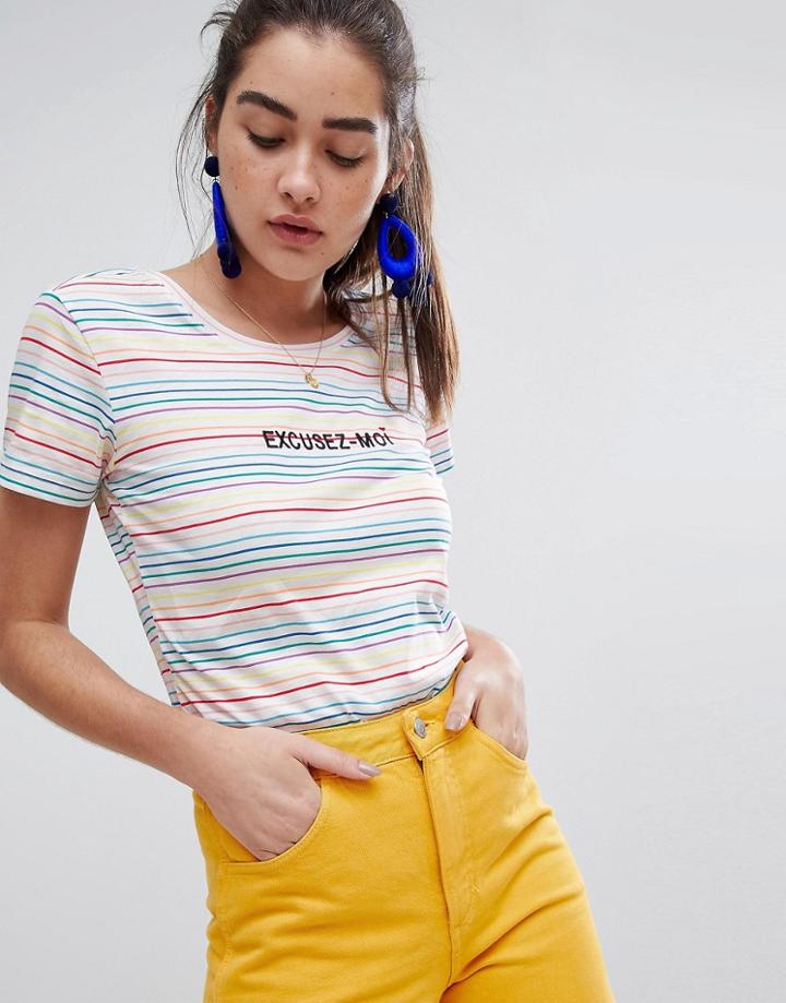 New Look Slogan Stripe Tee - White