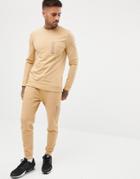 Asos Design Tracksuit Muscle Sweatshirt/skinny Sweatpants With Ma1 Pocket-beige