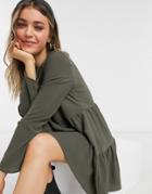 Asos Design Long Sleeve Tiered Smock Mini Dress In Khaki-green