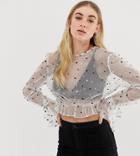 Unique21 Sheer Cropped Top With Tie Up Balloon Sleeves - White
