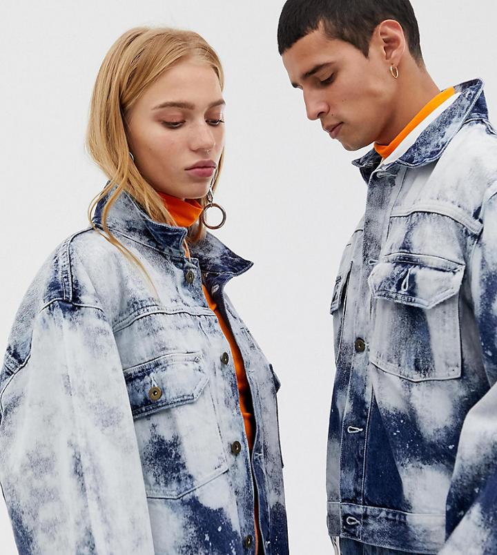 Collusion Unisex Oversized Denim Jacket In Bleach Effect-beige