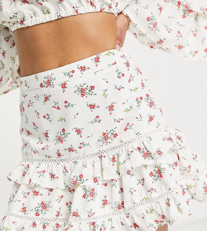 Collective The Label Petite Tiered Ruffle Mini Skirt In Ivory Floral - Part Of A Set-white