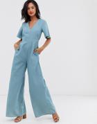 Glamorous Wide Leg Smock Jumpsuit In Chambray-blue