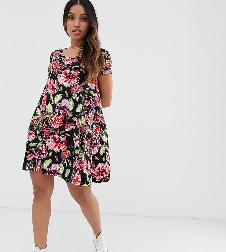 Brave Soul Petite Swing Dress With Keyhole Back In Dark Floral Print - Black