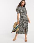 Asos Design Midi Tea Dress With Buttons And Split Detail In Leopard Print-multi