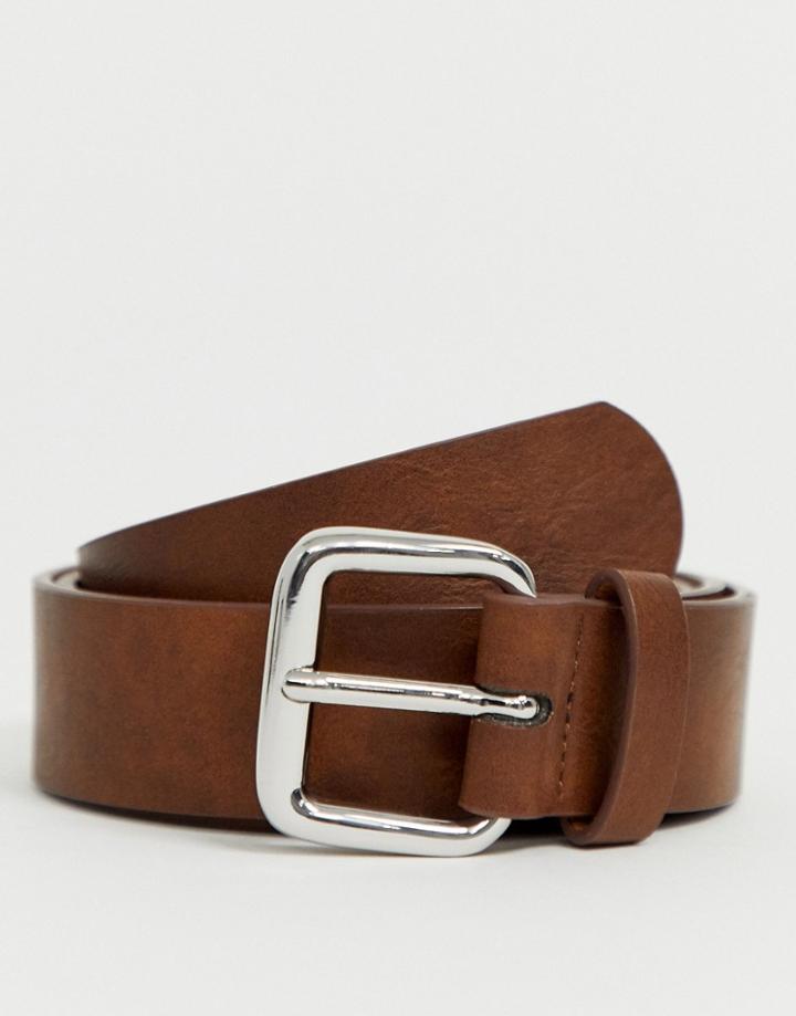 Asos Design Faux Leather Wide Belt In Vintage Tan With Silver Buckle