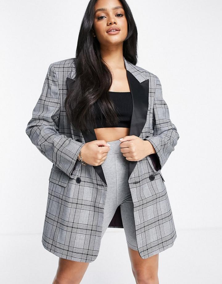 Asos Design Dad Blazer In Mono Plaid With Contrast Satin Lapel-multi