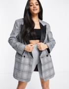 Asos Design Dad Blazer In Mono Plaid With Contrast Satin Lapel-multi