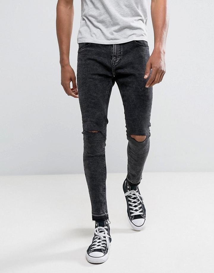 Bershka Super Skinny Jeans In Washed Black With Knee Rip - Black
