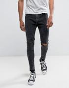 Bershka Super Skinny Jeans In Washed Black With Knee Rip - Black