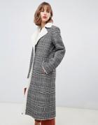 Stradivarius Contrast Shearling Long Line Coat In Check Print - Multi