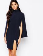 Vesper Roll Neck Pencil Midi Dress With Cape Sleeve - Navy