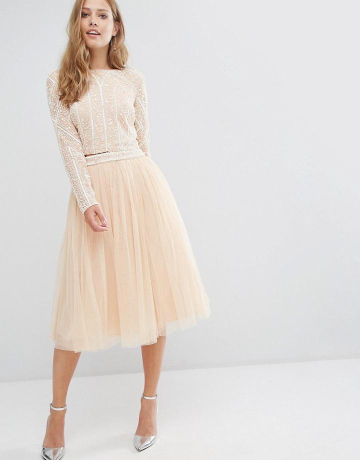 Maya Embellished Midi Tulle Skirt With Embellished Waist - Pink