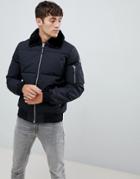 Schott Airman Puffer Bomber Detachable Faux Fur Collar Slim Fit In Black - Black