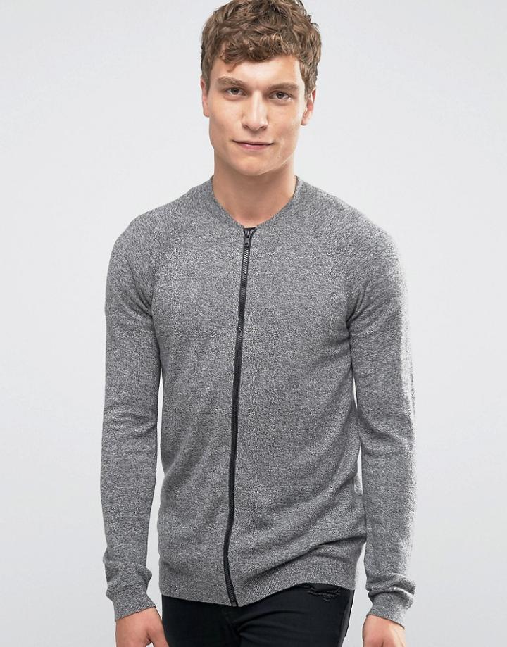 Asos Knitted Bomber In Gray - Gray